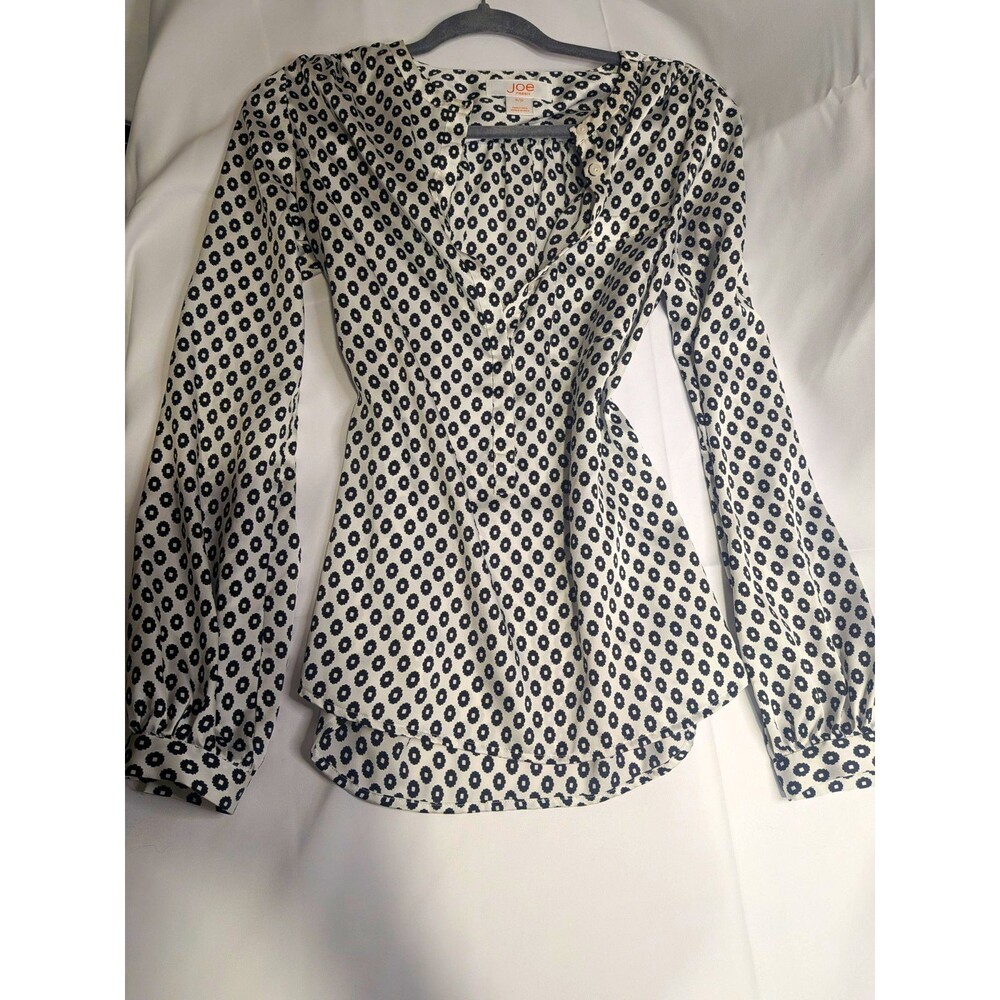 Joe Fresh White/Black Geometric V-Neck Button-Front Long Sleeve Blouse S